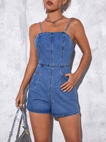 SHEIN EZwear 後拉鏈牛仔吊帶連體短褲 - 中等水洗藍 - 查看 6