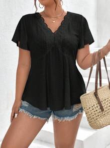 SHEIN Frenchy Plus Contrast Lace Butterfly Sleeve Peplum Tee - Black - View 1