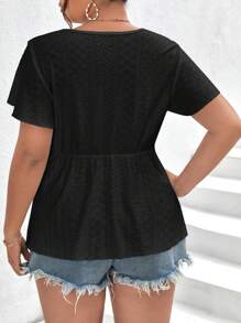 SHEIN Frenchy Plus Contrast Lace Butterfly Sleeve Peplum Tee - Black - View 2