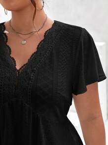 SHEIN Frenchy Plus Contrast Lace Butterfly Sleeve Peplum Tee - Black - View 6