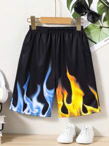 SHEIN Fantacosmos 青少年男孩火印花彈性腰短褲 - 黑色 - 查看 3