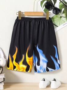 SHEIN Fantacosmos 青少年男孩火印花彈性腰短褲 - 黑色 - 查看 4