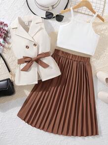 適合青少年雙排釦背心外套&褶皺半身裙&吊帶上衣 - 彩色 - 查看 5