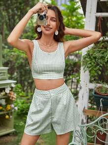 SHEIN VCAY 格子圖案短款上衣和短褲 - 彩色 - 查看 2