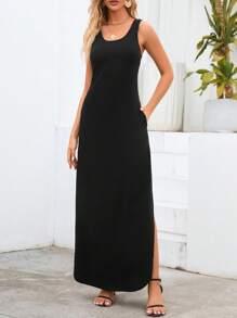 SHEIN Clasi Hidden Pocket Split Thigh Curved Hem Tank Dress - Black - View 4