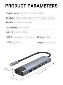 USB 3.0 6口4k 60HD最高配置10G傳輸速率1千兆網口USB Hub - 灰色 - 查看 3