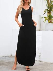 SHEIN Clasi Hidden Pocket Split Thigh Curved Hem Tank Dress - Black - View 6