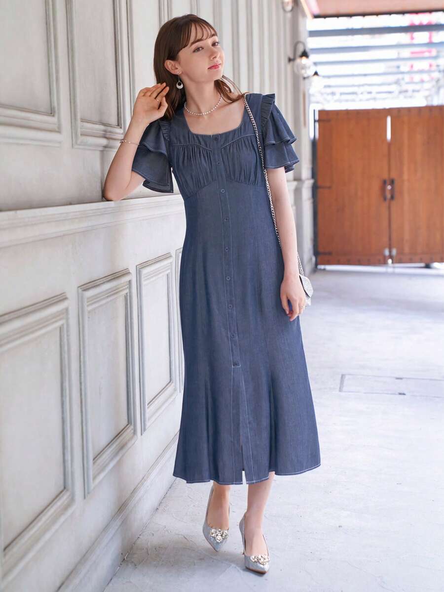 DAZY Nếp gấp Phần Ngực Viền Ruffle Tách đùi Đầm - Màu xanh hải quân - Xem 1