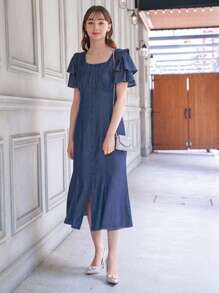 DAZY Nếp gấp Phần Ngực Viền Ruffle Tách đùi Đầm - Màu xanh hải quân - Xem 5