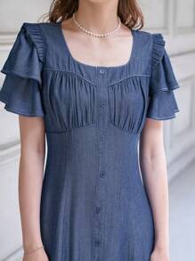 DAZY Nếp gấp Phần Ngực Viền Ruffle Tách đùi Đầm - Màu xanh hải quân - Xem 6