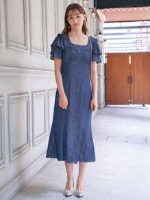 DAZY Nếp gấp Phần Ngực Viền Ruffle Tách đùi Đầm - Màu xanh hải quân - Xem 8