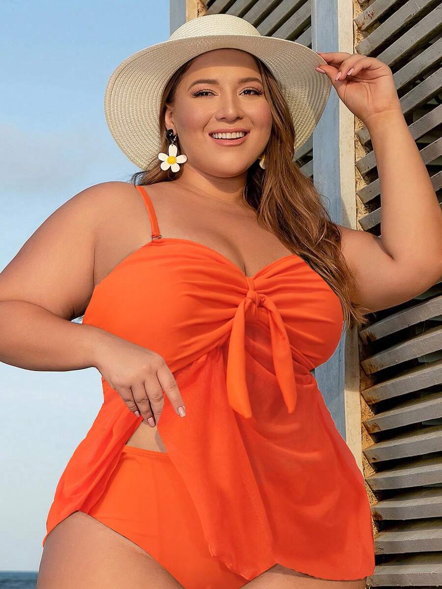 SHEIN Swim Curve 大碼前打結比基尼泳裝坦基尼上衣 - 橘色 - 查看 1