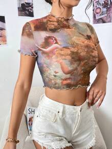 SHEIN Privé 人像圖案木耳邊短款網紗上衣