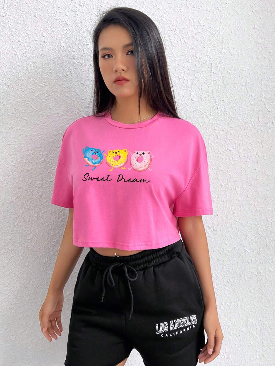 SHEIN EZwear Áo thun nữ Hoạt hình Slogan Giải trí - Hồng - Xem 1