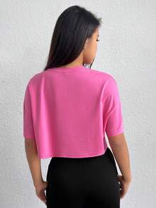 SHEIN EZwear Áo thun nữ Hoạt hình Slogan Giải trí - Hồng - Xem 2