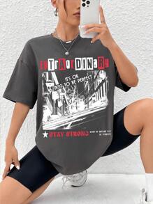 SHEIN EZwear 休閒女士卡通印花短袖圓領T恤，夏天適用 - 深灰色 - 查看 1