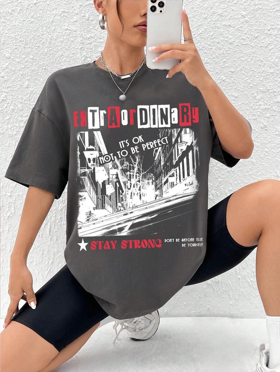 SHEIN EZwear 休閒女士卡通印花短袖圓領T恤，夏天適用 - 深灰色 - 查看 1