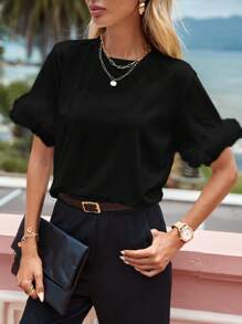 SHEIN Privé Solid Fuzzy Cuff Tee - Black - View 1