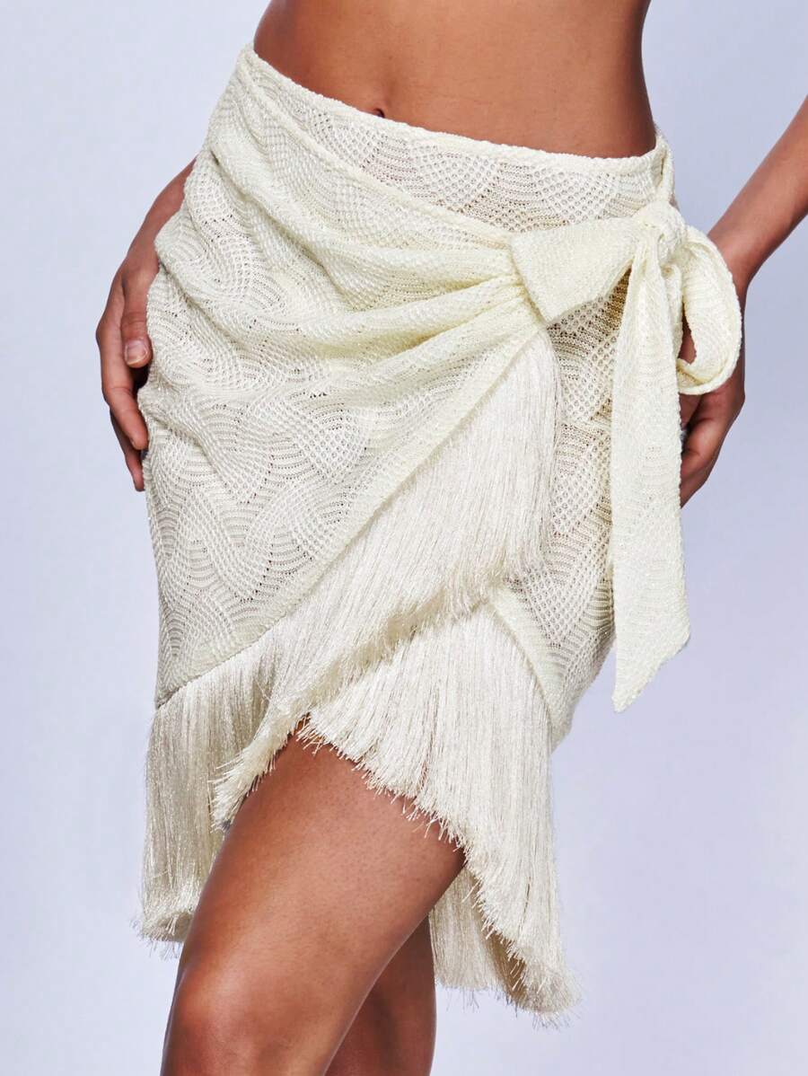 SHEIN BAE 流蘇邊圍裹側打結半身裙 - 米色 - 查看 1
