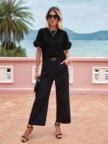 SHEIN Privé Solid Fuzzy Cuff Tee - Black - View 3