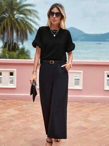 SHEIN Privé Solid Fuzzy Cuff Tee - Black - View 4