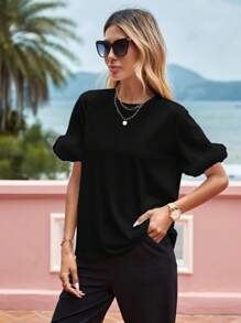 SHEIN Privé Solid Fuzzy Cuff Tee - Black - View 5