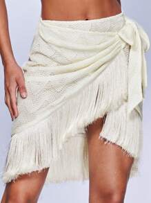 SHEIN BAE 流蘇邊圍裹側打結半身裙 - 米色 - 查看 6