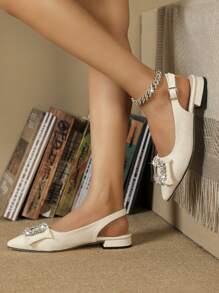 Mujer Zapatillas planas con diseño de diamante de imitación de punta de talón abierto atractivo - Beis - Ver 1