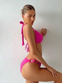 SHEIN X Hangout Fest SHEIN Swim 素色後綁帶掛脖三角杯比基尼泳裝 - 玫紅色 - 查看 4