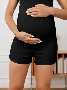 SHEIN 孕婦寬腰帶卷邊牛仔短褲 - 黑色 - 查看 1