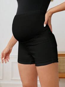 SHEIN 孕婦寬腰帶卷邊牛仔短褲 - 黑色 - 查看 3