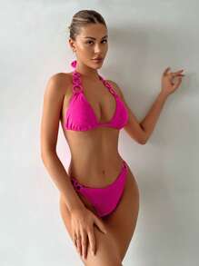 SHEIN X Hangout Fest SHEIN Swim 素色後綁帶掛脖三角杯比基尼泳裝 - 玫紅色 - 查看 6