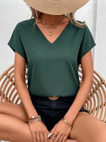 SHEIN Frenchy 素色蝙蝠袖V領襯衫 - 墨綠色 - 查看 3