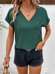 SHEIN Frenchy 素色蝙蝠袖V領襯衫 - 墨綠色 - 查看 4