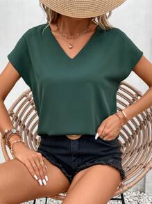 SHEIN Frenchy 素色蝙蝠袖V領襯衫 - 墨綠色 - 查看 5