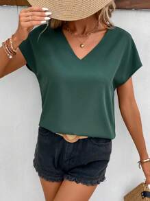 SHEIN Frenchy 素色蝙蝠袖V領襯衫 - 墨綠色 - 查看 6