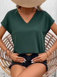 SHEIN Frenchy 素色蝙蝠袖V領襯衫 - 墨綠色 - 查看 7