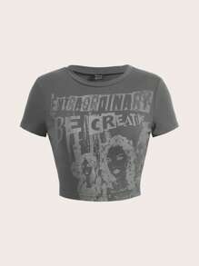 SHEIN ICON Figure & Letter Graphic Crop Tee - Dark Grey - View 1