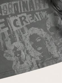 SHEIN ICON Figure & Letter Graphic Crop Tee - Dark Grey - View 4