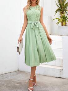 SHEIN Clasi Guipure Lace Insert Pleated Hem Belted Dress - Green - View 2