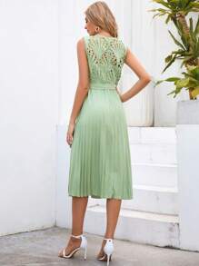 SHEIN Clasi Guipure Lace Insert Pleated Hem Belted Dress - Green - View 6