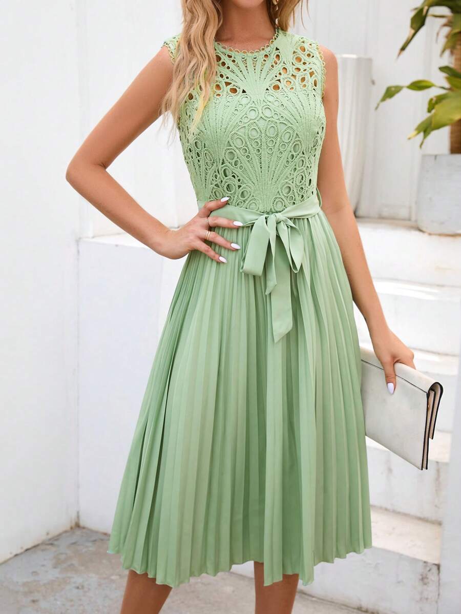 SHEIN Clasi Guipure Lace Insert Pleated Hem Belted Dress - Green - View 1
