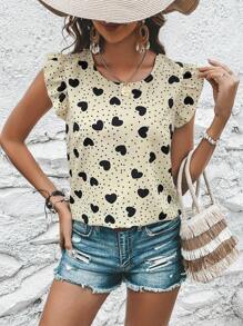 SHEIN Clasi 休閒揉皺 後系帶心 圓點女士襯衫 - 杏色 - 查看 2