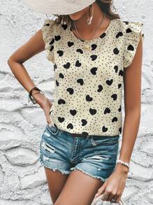 SHEIN Clasi 休閒揉皺 後系帶心 圓點女士襯衫 - 杏色 - 查看 3