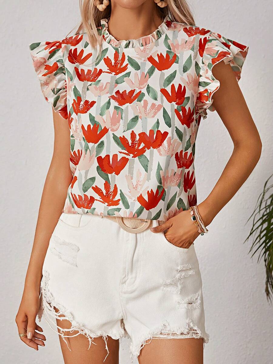 Kays Illustrations Artist Boho 波西米亚风女式度假花卉印花荷叶边衬衫，适合夏季、假日、海滩、节日、伊比沙岛风格、西式装扮 - 彩色 - 查看 1