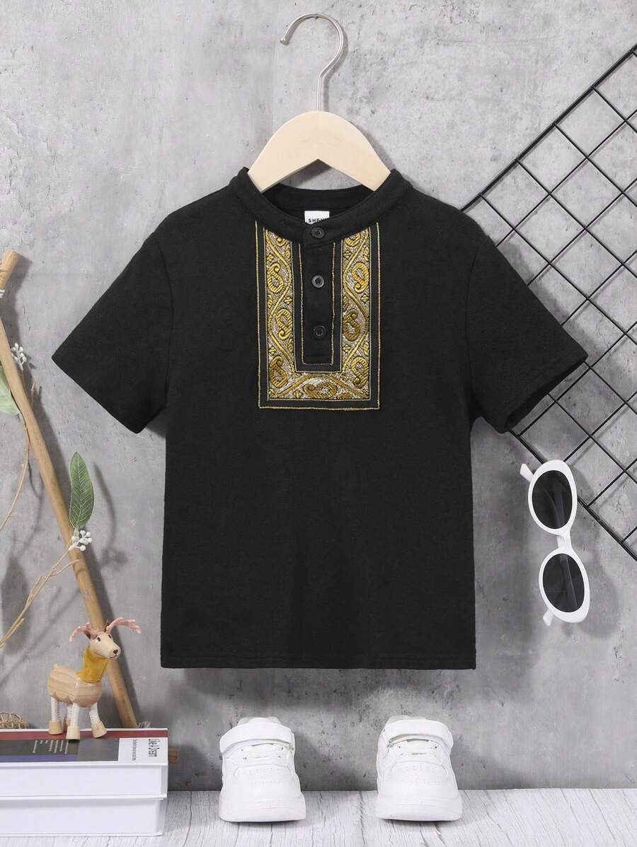 SHEIN Áo polo bé trai Nút phía trước Paisley Giải trí - màu đen - Xem 1