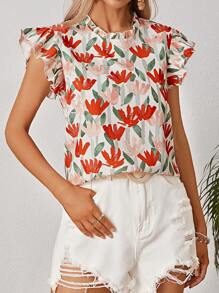 Kays Illustrations Artist Boho 波西米亚风女式度假花卉印花荷叶边衬衫，适合夏季、假日、海滩、节日、伊比沙岛风格、西式装扮 - 彩色 - 查看 4