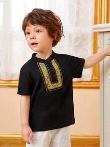 SHEIN Áo polo bé trai Nút phía trước Paisley Giải trí - màu đen - Xem 6