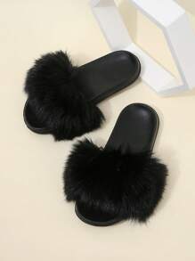 Dép lông nữ, Dép xỏ ngón hở mũi, Dép xỏ ngón đế bằng lông thú Faux Fox, Màu đen cho mùa xuân/hè - màu đen - Xem 4