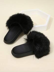 Dép lông nữ, Dép xỏ ngón hở mũi, Dép xỏ ngón đế bằng lông thú Faux Fox, Màu đen cho mùa xuân/hè - màu đen - Xem 5